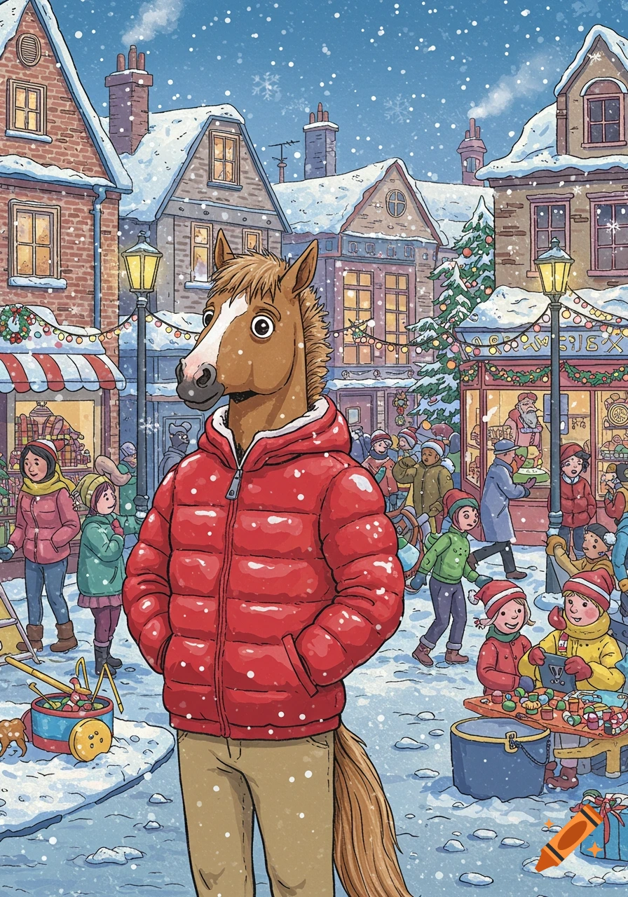 Anthropomorphic horse in a red puffer jacket on a snowy Christmas town street, cartoon illustration style.