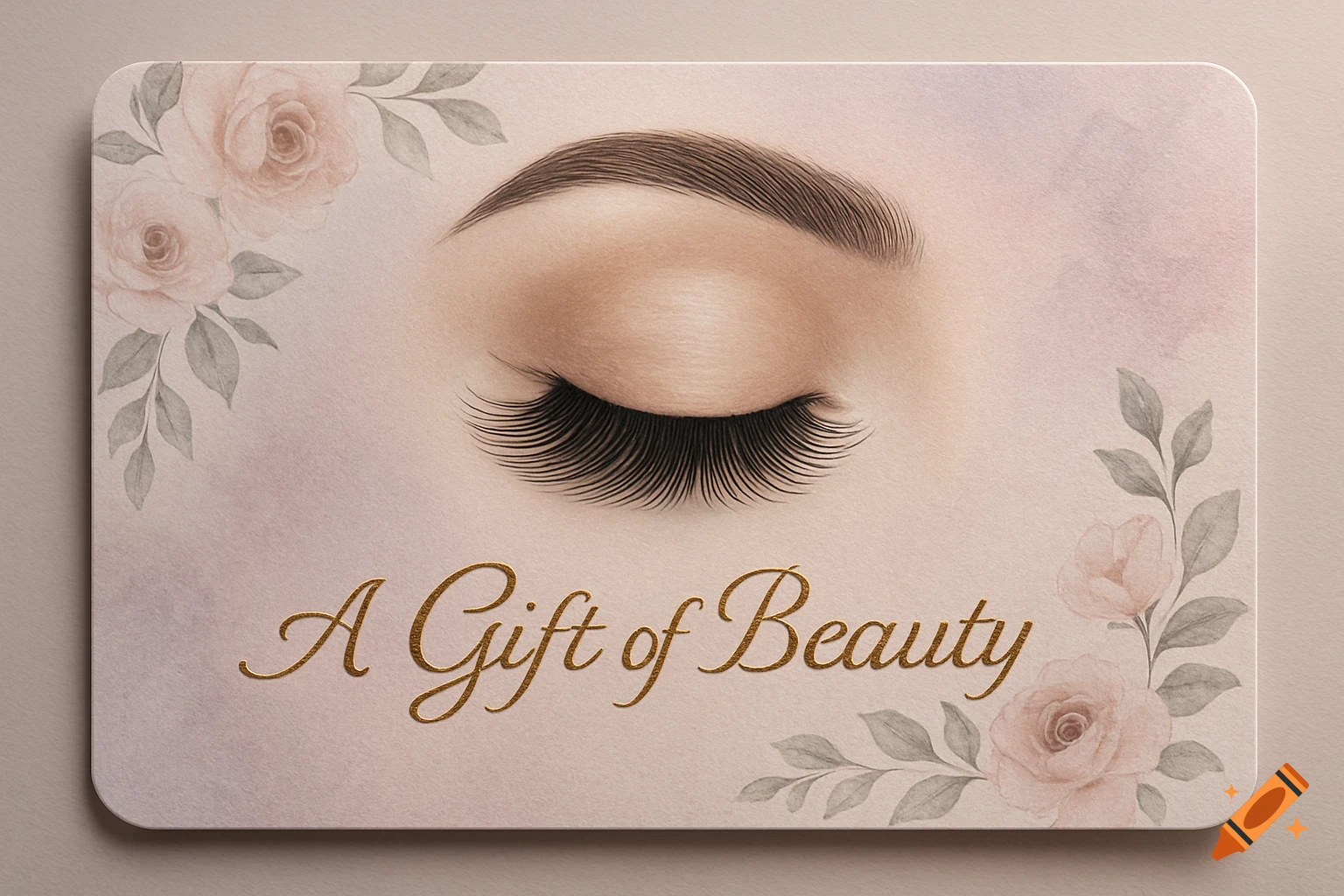 A beauty gift card with a closed eye, long eyelashes, an eyebrow, surrounded by pink watercolor roses and green leaves. Text reads 'A Gift of Beauty'.