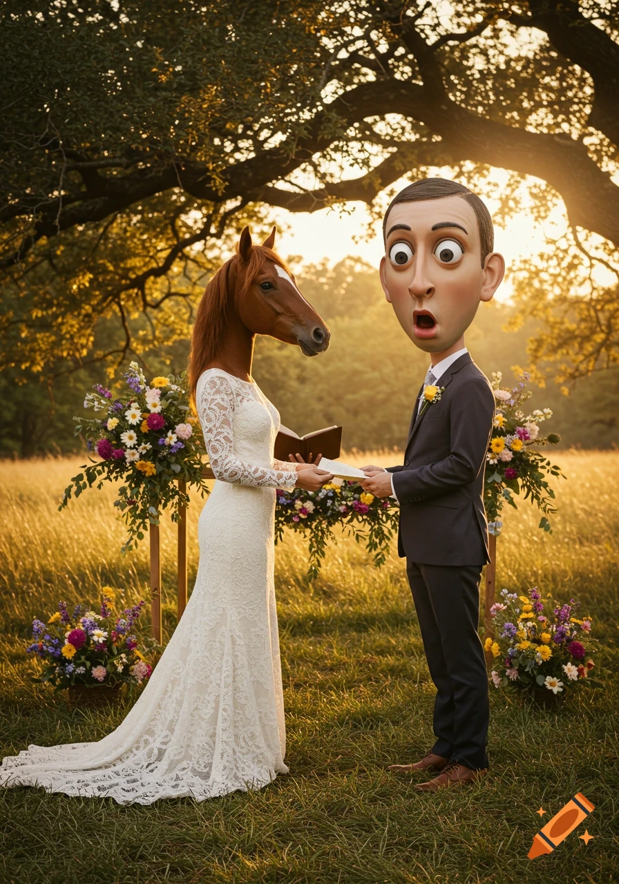 A woman with a horse head in a wedding dress and a man with a large, cartoonish surprised head exchange vows in a golden, sunlit field during an outdoor wedding ceremony.