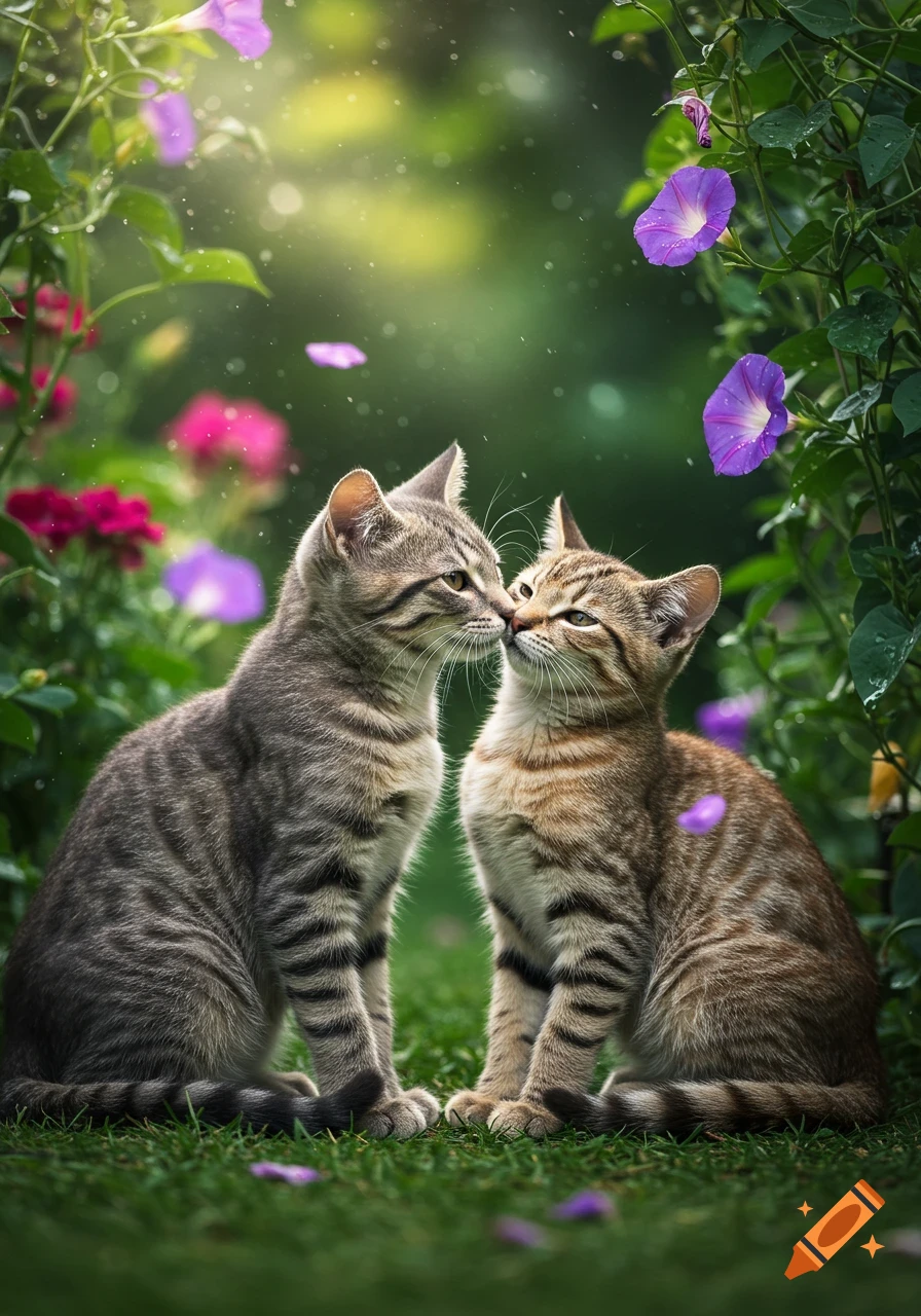 Two photorealistic tabby cats touch noses affectionately on green grass in a sunlit garden with purple flowers.