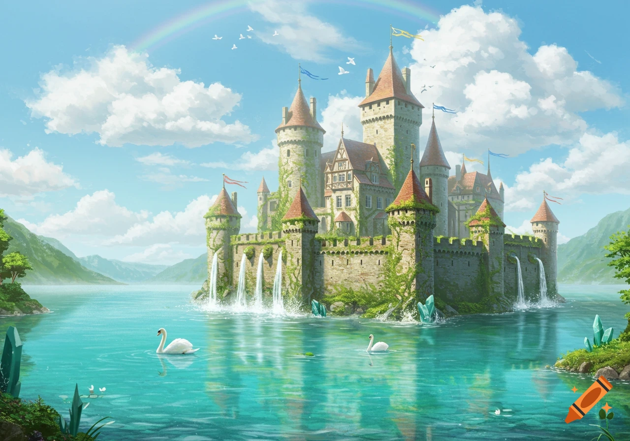 A vibrant fantasy castle surrounded by a clear turquoise lake with swans, set against a backdrop of mountains, clouds, and a rainbow.