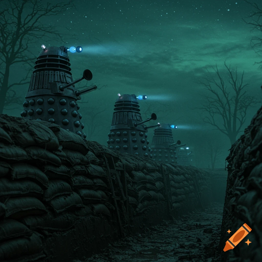 Photorealistic scene of multiple Daleks in sandbag trenches under a green twilight sky with dead trees and mist.