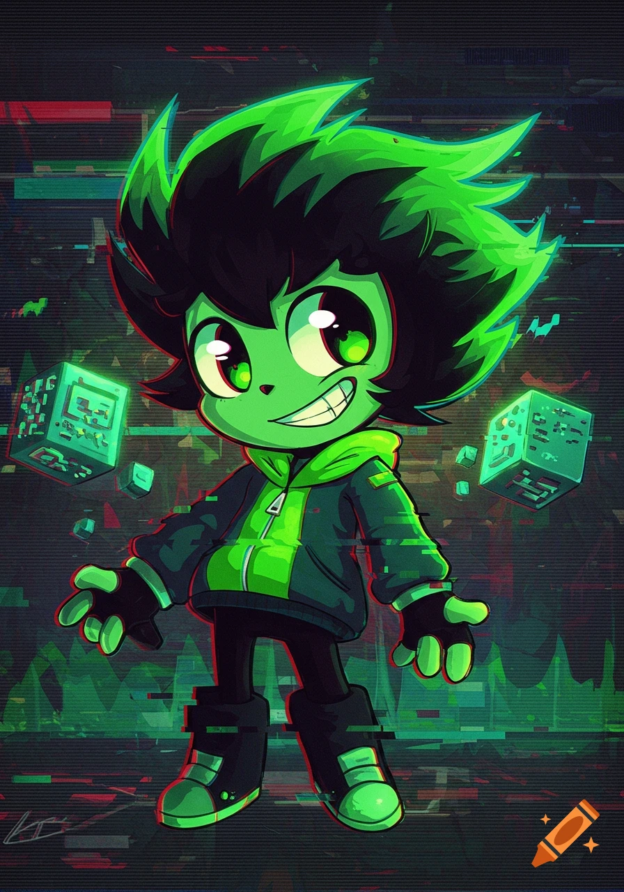 Neon green cartoon character with spiky black hair, mischievous smile, wearing a hoodie, surrounded by glitchy digital effects and floating pixels.