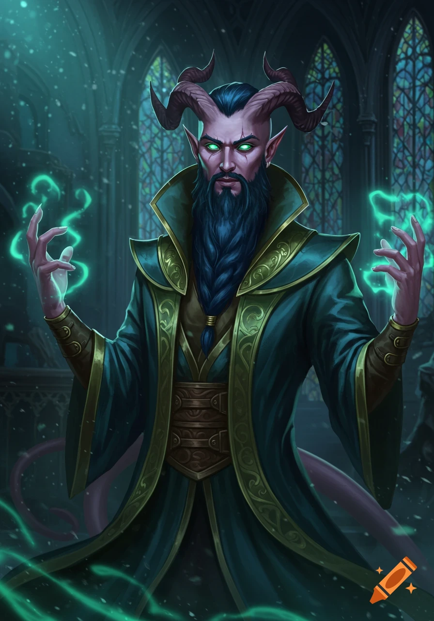 A demonic male character, a Tiefling Warlock, with horns, a braided beard, and glowing green eyes, casting green magic in a dark gothic setting.