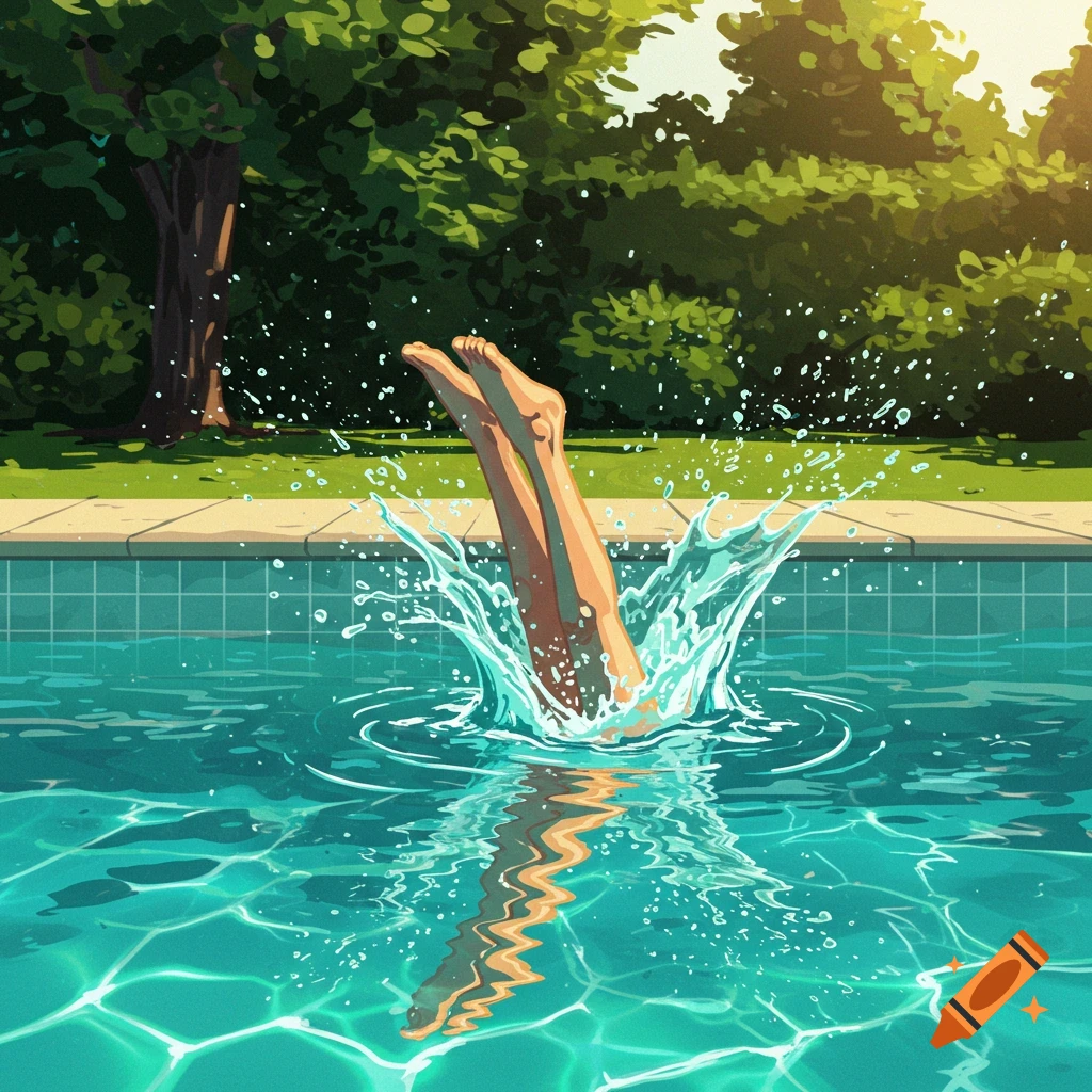 Stylized illustration of legs diving into a swimming pool with a large water splash and trees in the background.