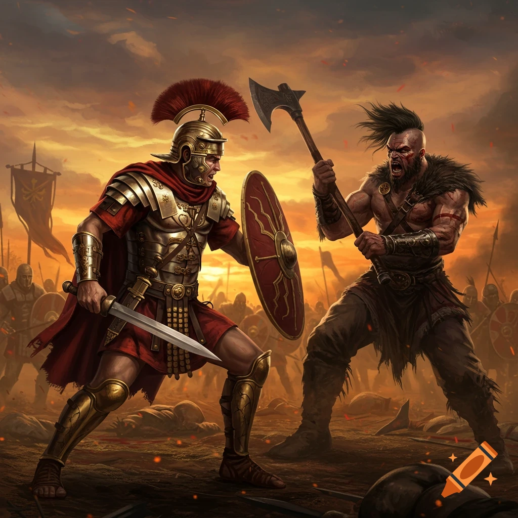 Roman soldier with sword and shield fighting a barbarian with an axe on a battle-scarred field at sunset.