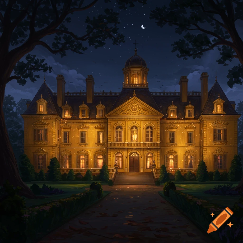 A grand, golden mansion lit up at night, with a crescent moon in the dark, starry sky. Trees frame the building.