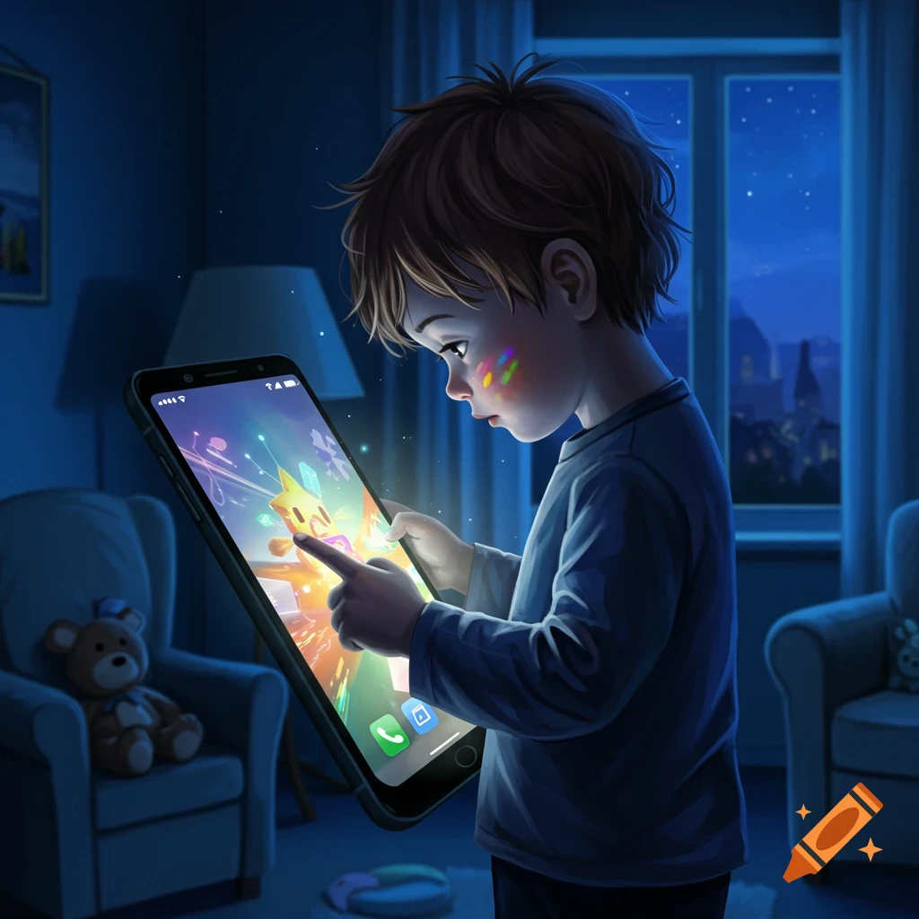 Digital art of a young child in a dark room, illuminated by the glowing, oversized screen of a smartphone they are holding and interacting with. A teddy bear sits in a chair in the background.
