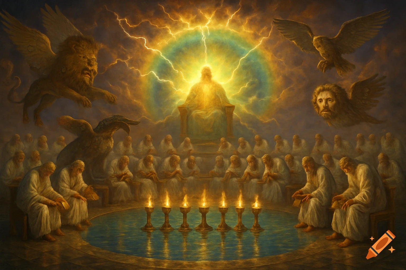 A vibrant, golden-lit painting of a heavenly scene with a central radiant figure on a throne, surrounded by elders and winged creatures. Seven burning lamps reflect in a pool of water.
