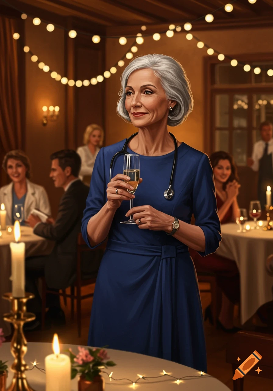 Photorealistic portrait of a smiling grey-haired female doctor in a blue dress, holding a champagne glass at a festive party.