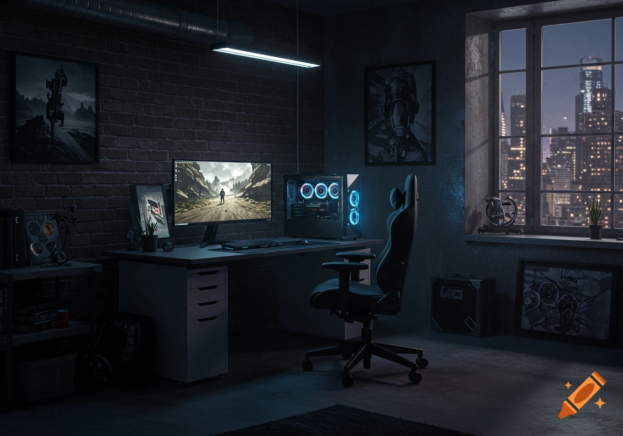 A dark, atmospheric gaming setup room with a glowing PC, large monitor, and a city skyline visible through a window at night. Photorealistic.