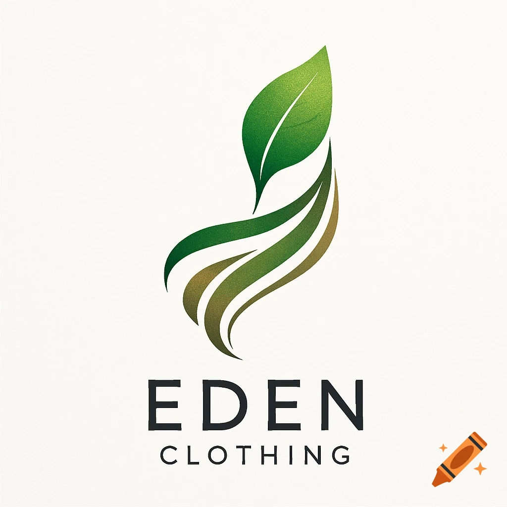 Logo for Eden Clothing with a green leaf and flowing green and gold abstract shapes.