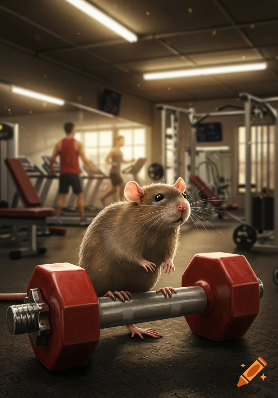 A photorealistic rat stands with its paws on a red dumbbell in a gym with people exercising in the background.
