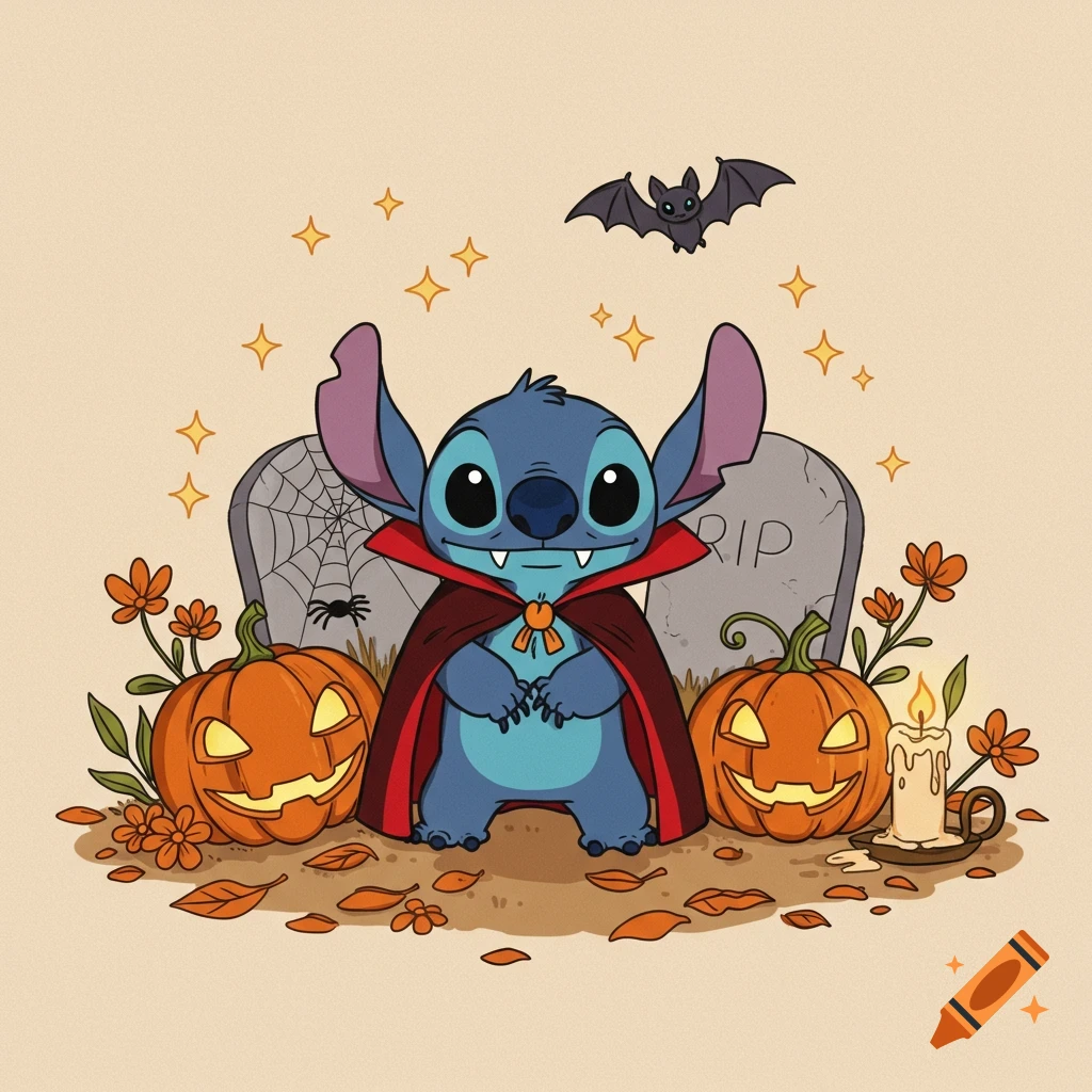 A cute cartoon illustration of Stitch dressed as a vampire, surrounded by Halloween pumpkins, gravestones, a bat, and autumn leaves.