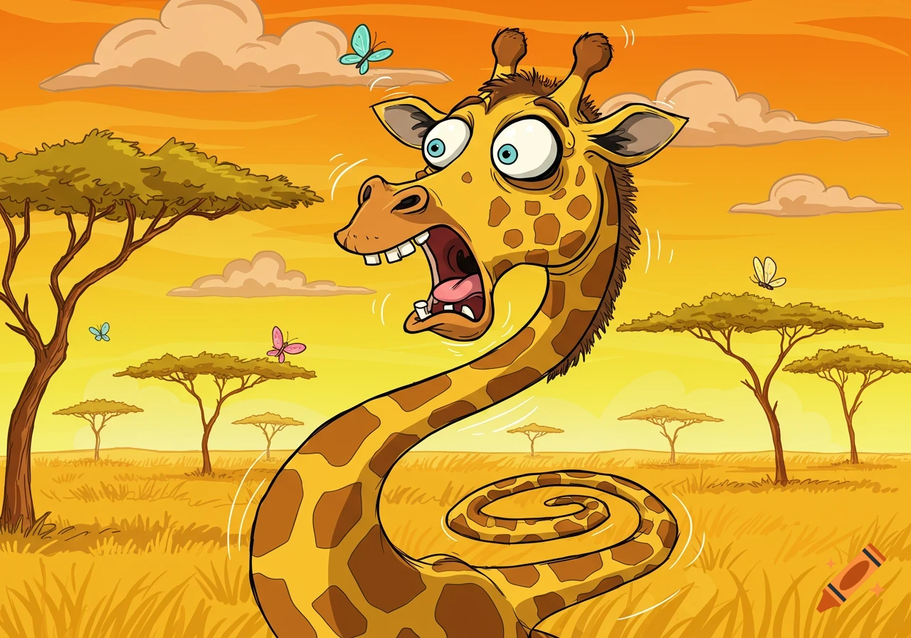 A terrified, screaming cartoon giraffe with wide eyes and a coiled neck in a savanna at sunset, with butterflies.
