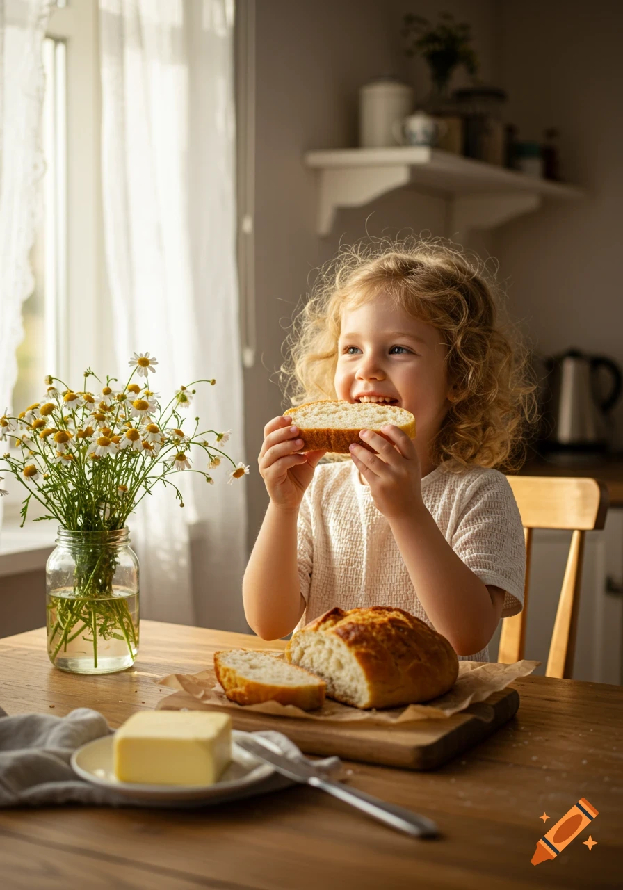 A happy little girl with curly hair eats a slice of bread at a table with a loaf, butter, and daisies in a sunny room, photorealistic.