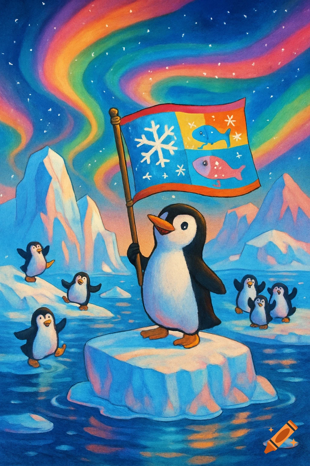 A vibrant illustration of cute penguins in Antarctica under an aurora, one holding a flag with a snowflake and fish symbols.