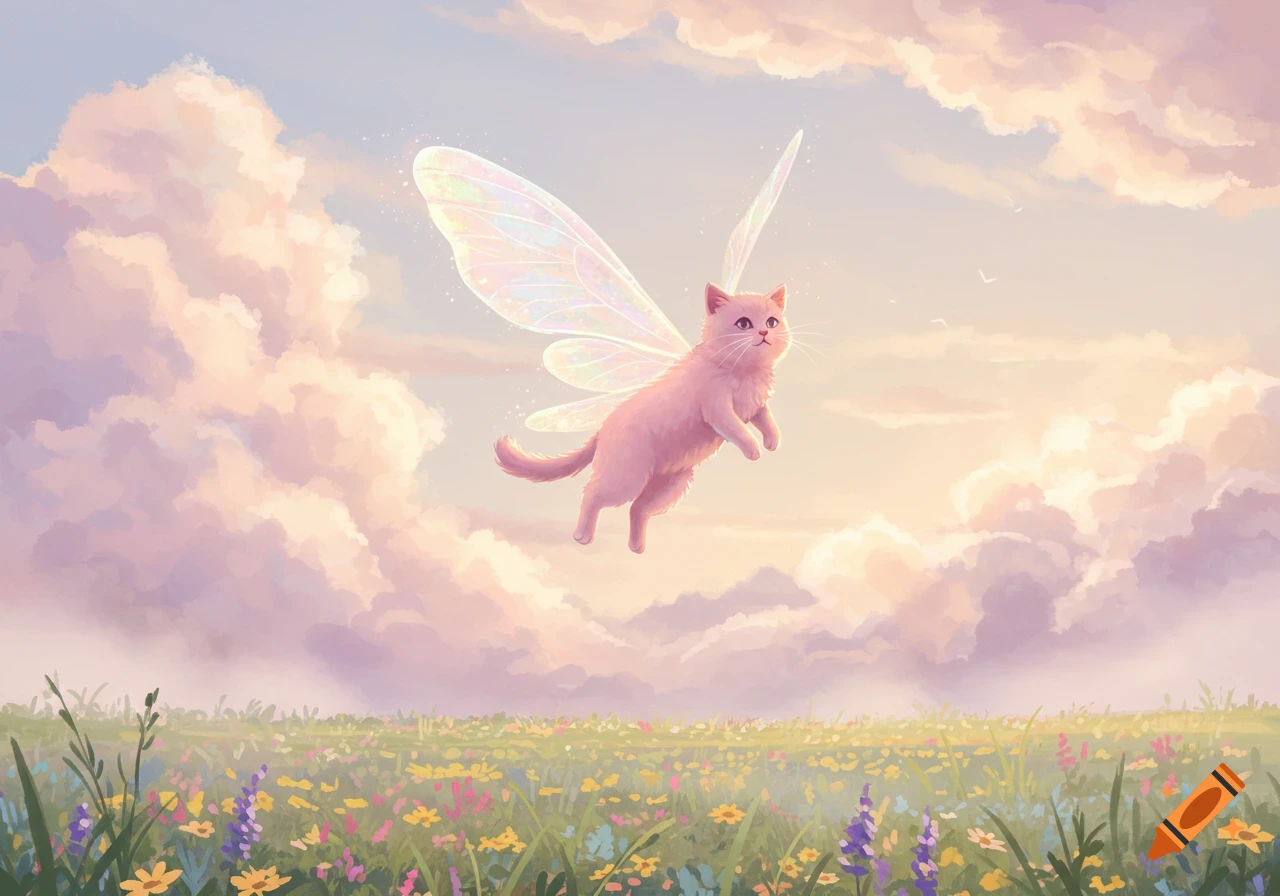 A fluffy pink fairy cat with iridescent wings flies over a vibrant wildflower field under a soft, cloudy pastel sky.