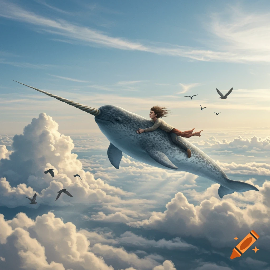 A person rides on the back of a large narwhal, flying majestically through a bright, cloudy sky with birds. Photorealistic style.