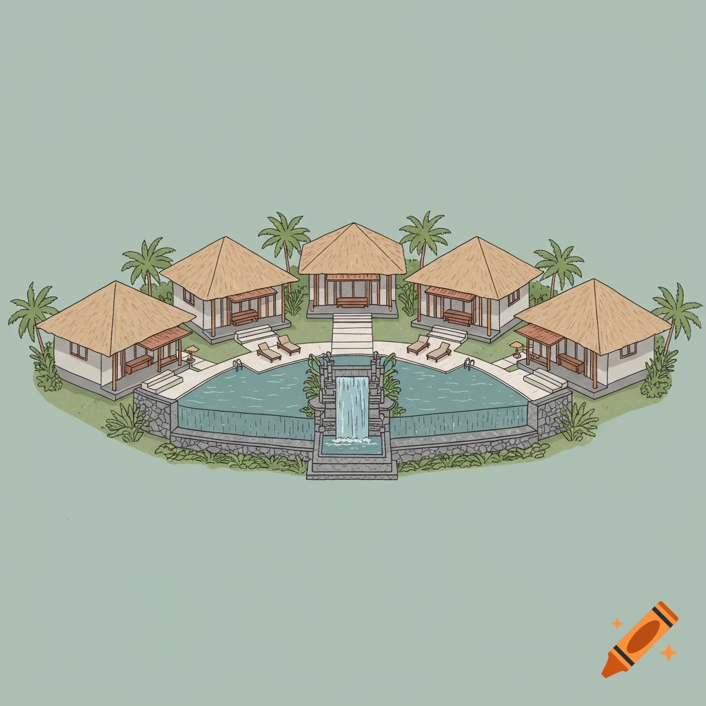 An isometric illustration of five Bali-style homes around a pool with a waterfall, surrounded by palm trees.