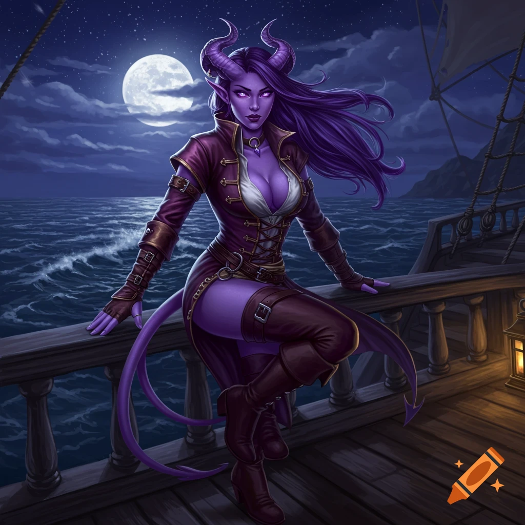 Purple-skinned Tiefling pirate woman with horns and tail, leaning on a ship's railing at night under a full moon.