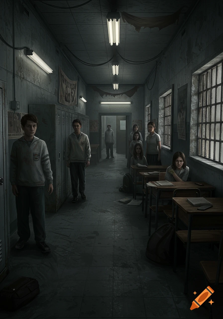 An eerie, dark school hallway filled with students, some standing, some sitting at desks, under flickering fluorescent lights.