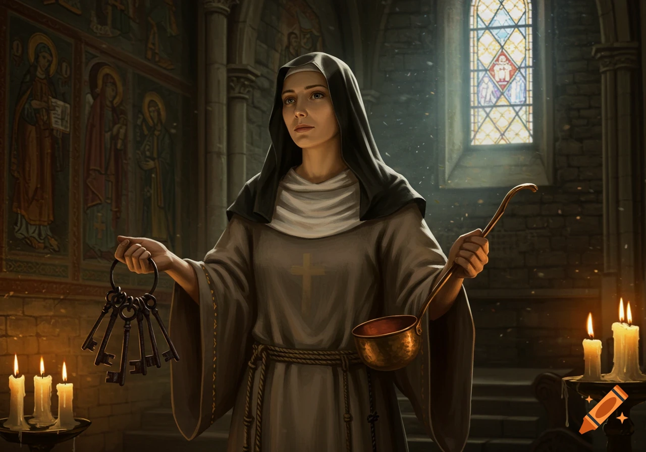 An early-Christian woman in a habit holds a ring of keys and a ladle in a dimly lit church with stained glass.