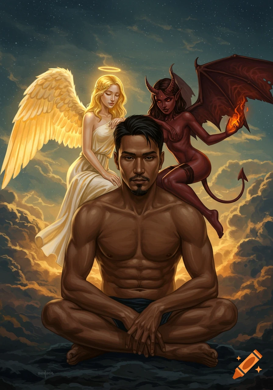 A dark-skinned man meditates with a blonde angel on his left shoulder and a red-skinned demoness on his right, set against a cloudy, starry sky.