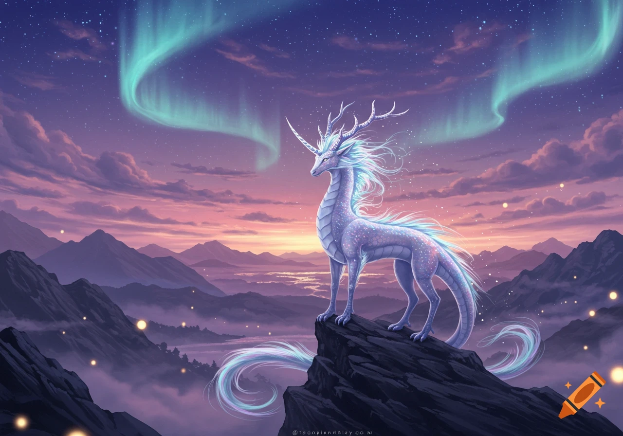 Majestic iridescent dragon-unicorn with antlers and a horn stands on a rocky peak at sunset with aurora borealis over a mountain range.