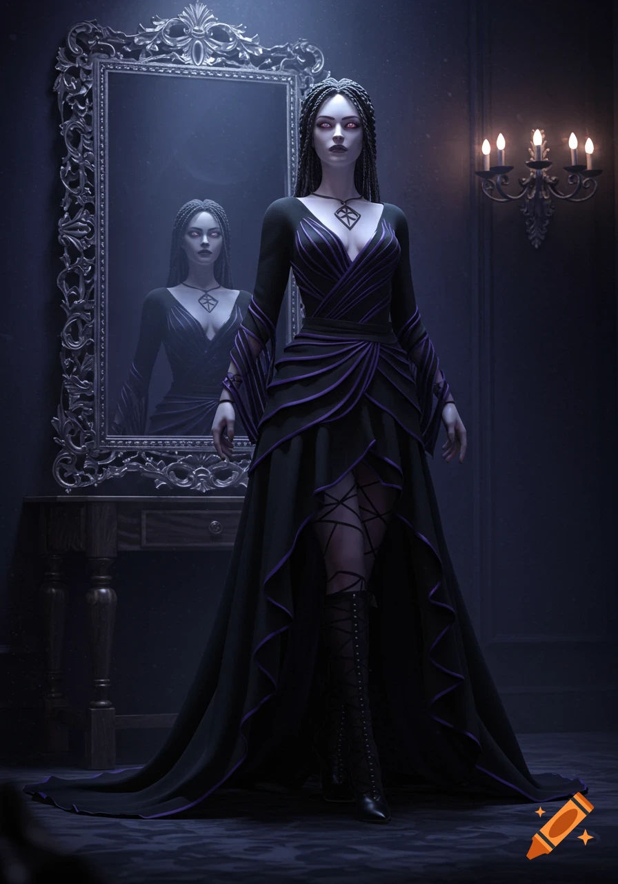 A pale woman with long dark braids and glowing red eyes in a black and purple gothic gown stands before an ornate mirror in a dimly lit room.