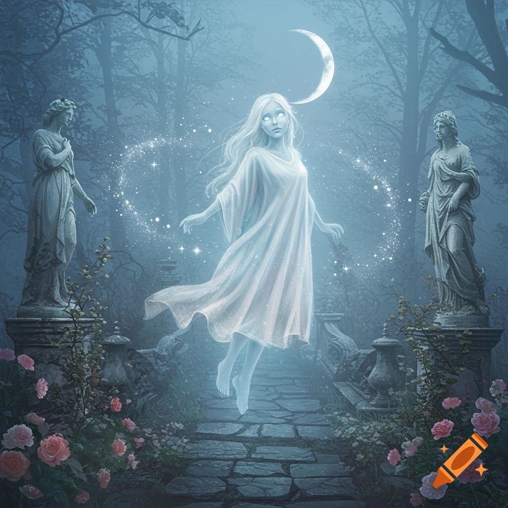 An ethereal ghost girl glows, floating above a stone path in a misty, moonlit garden with ancient statues and pink roses.