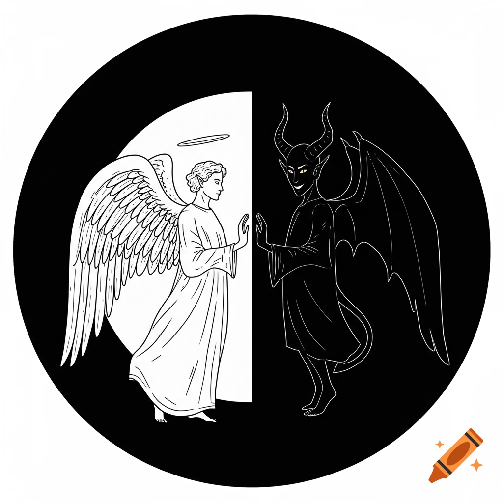 Black and white illustration of an angel and a demon in a circular yin-yang design, facing each other.
