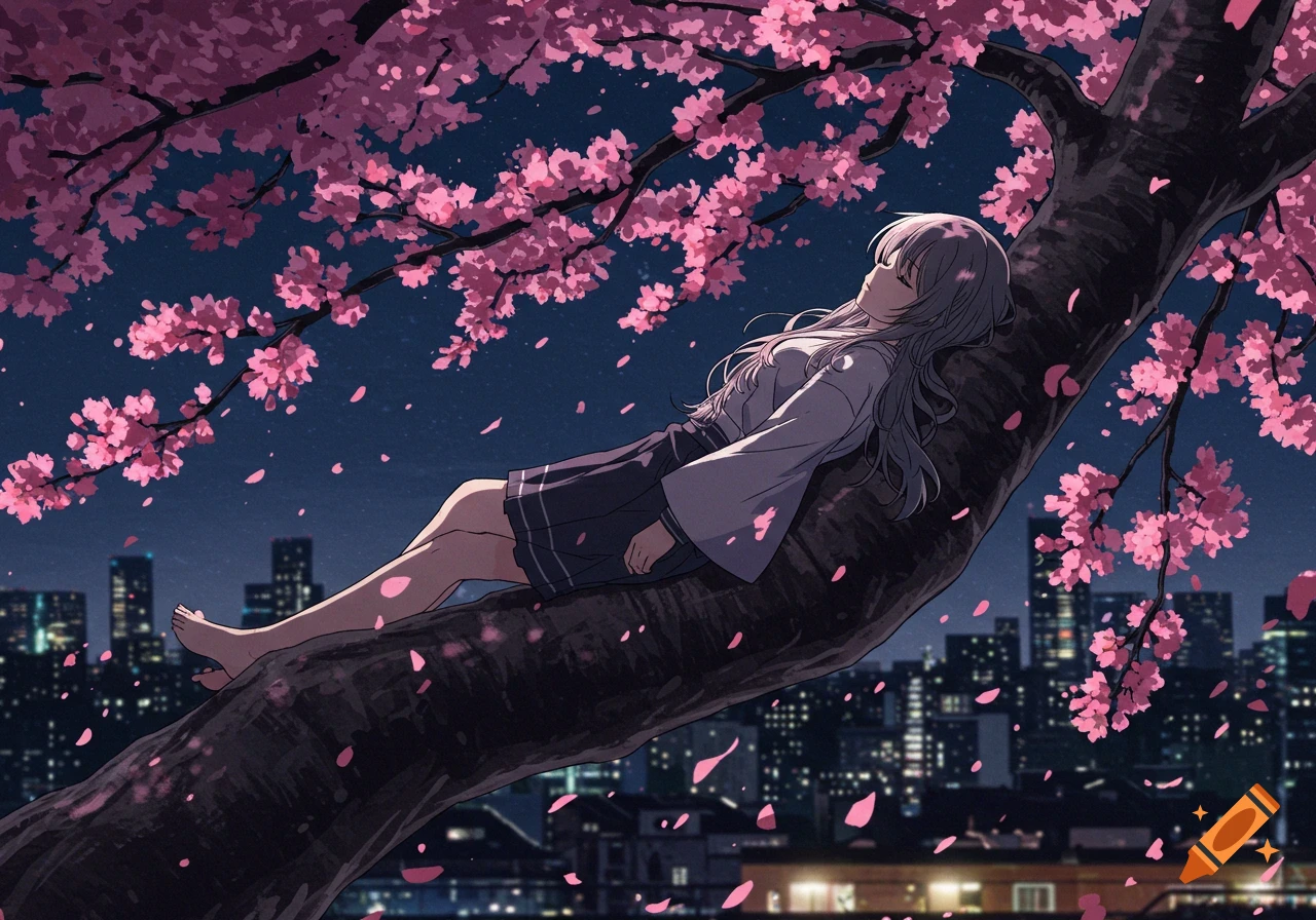 Anime girl sleeping on a cherry blossom tree branch overlooking a nighttime city.