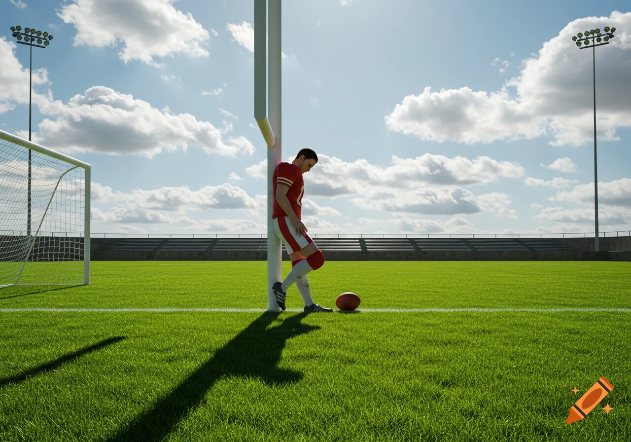 A photorealistic image of a football player in a red and white uniform, leaning dejectedly against a goal post on a bright green field.