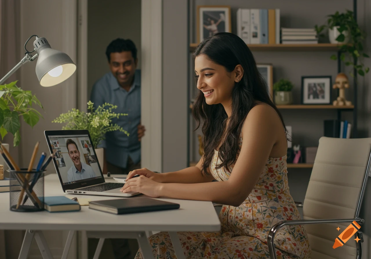 A smiling Indian woman on a video call at her home office desk, with an Indian man peeking from the door. Photorealistic.