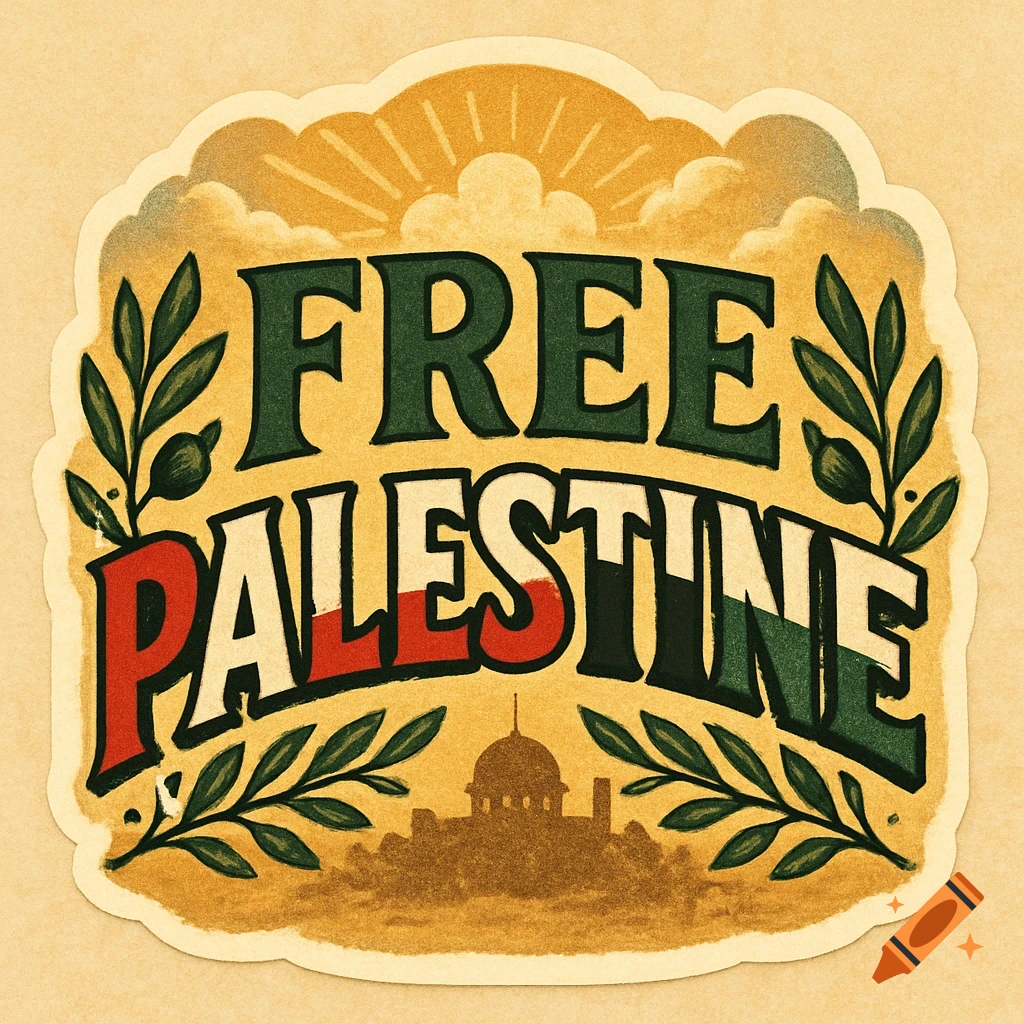 A vintage-style sticker with 'FREE PALESTINE' text, olive branches, and a silhouette of a domed building under a radiant sky.