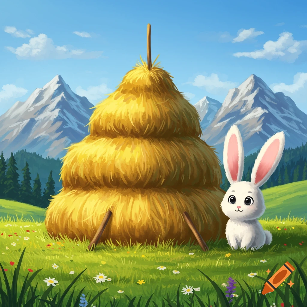 A cute white cartoon rabbit sits beside a large hay bale in a grassy meadow with mountains under a blue sky.