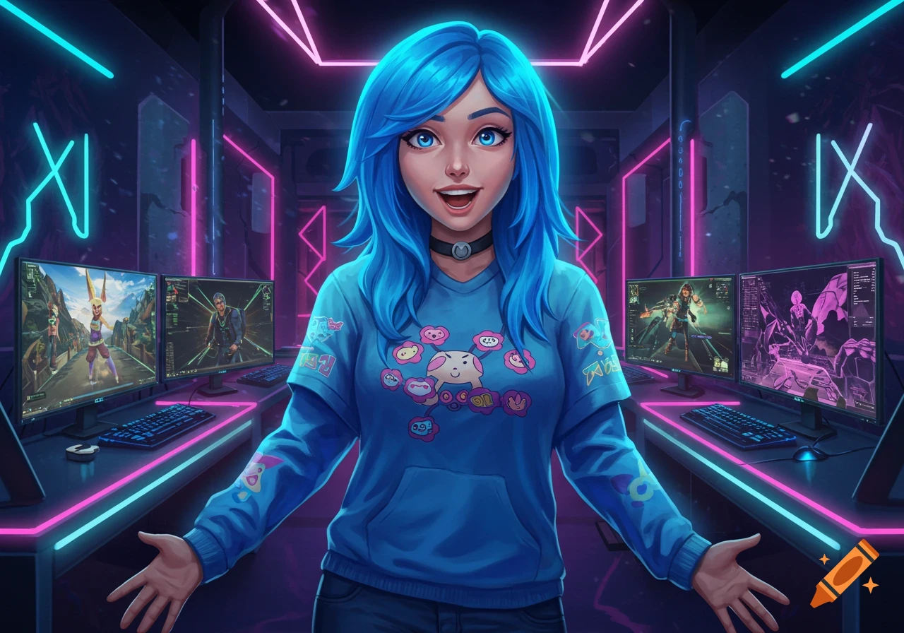 A blue-haired anime-style gamer girl with a choker and a blue hoodie stands in a neon-lit gaming room with multiple monitors showing game content.