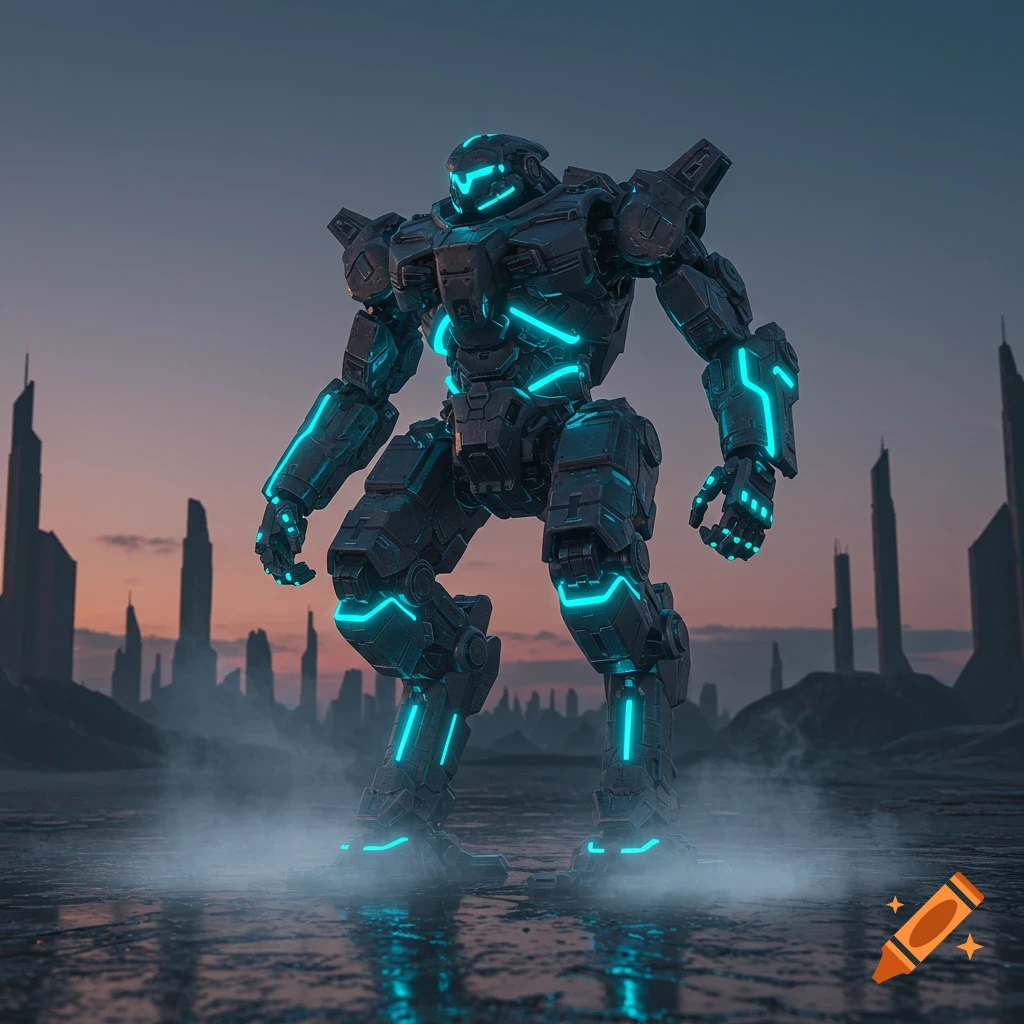 A large dark mech robot with glowing turquoise accents stands in a misty, desolate futuristic city at dusk.