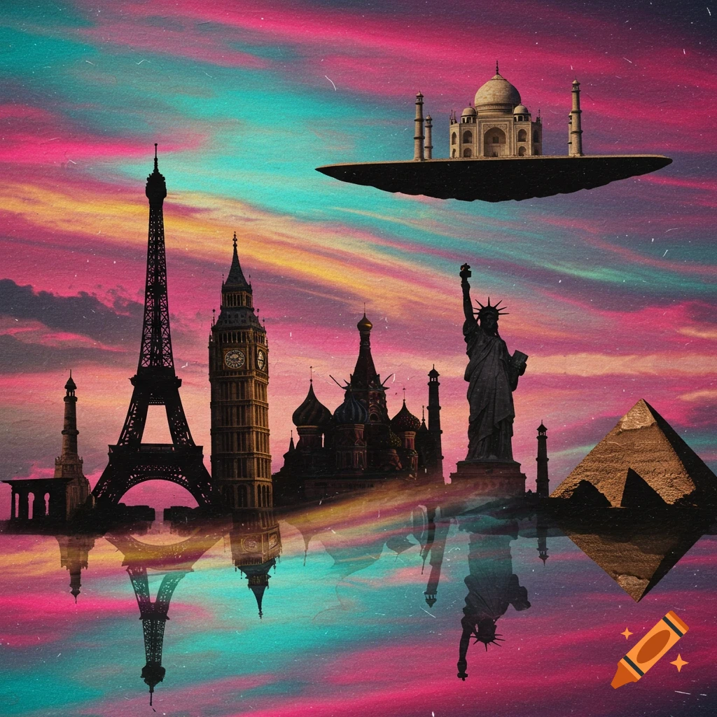 Surreal collage of world landmarks like the Eiffel Tower, Big Ben, and Statue of Liberty reflected under a vibrant sky.
