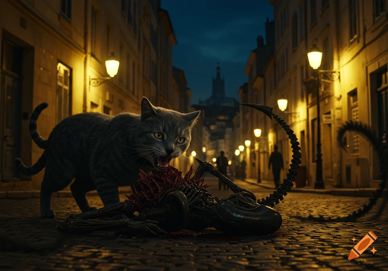 A photorealistic gray cat devours a large Xenomorph alien on a cobbled street in a European city at night, lit by yellow streetlamps.