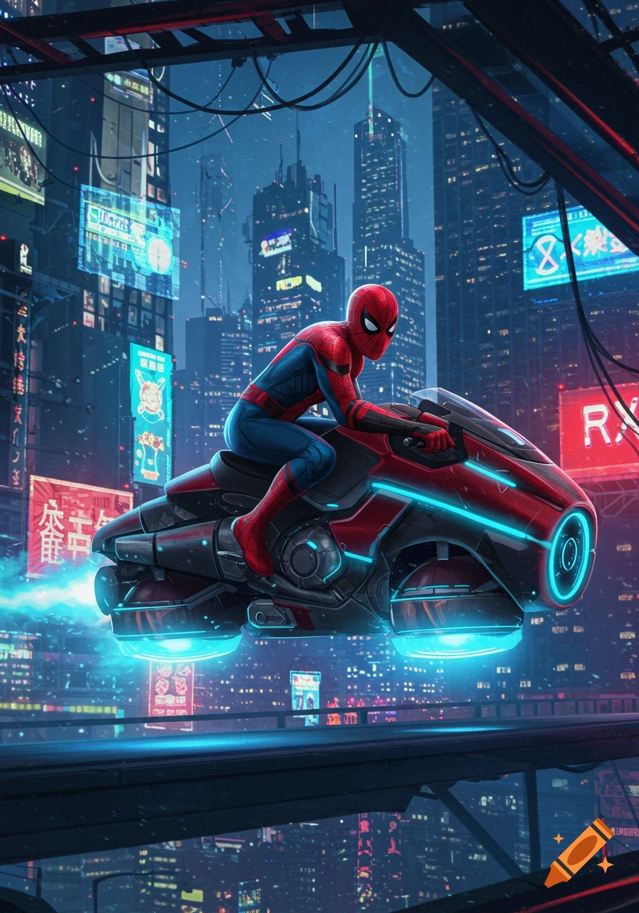 Spider-Man rides a red and black futuristic hovering bike through a neon-lit cyberpunk city at night.