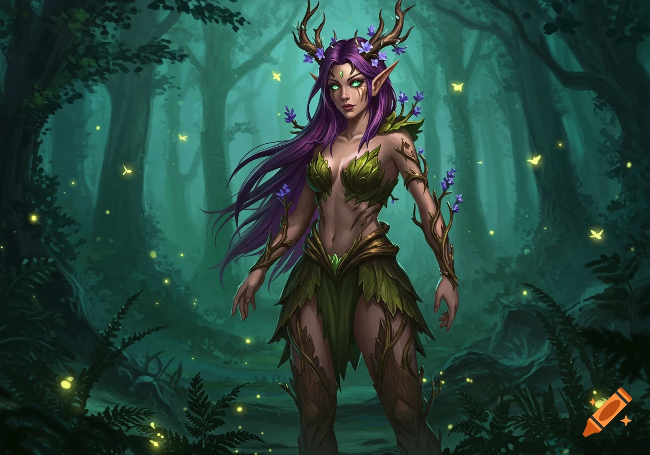 A majestic female elf druid with long purple hair and glowing green eyes, adorned in a leaf-patterned outfit and antlers, stands in a mystical, dark forest with glowing fireflies.