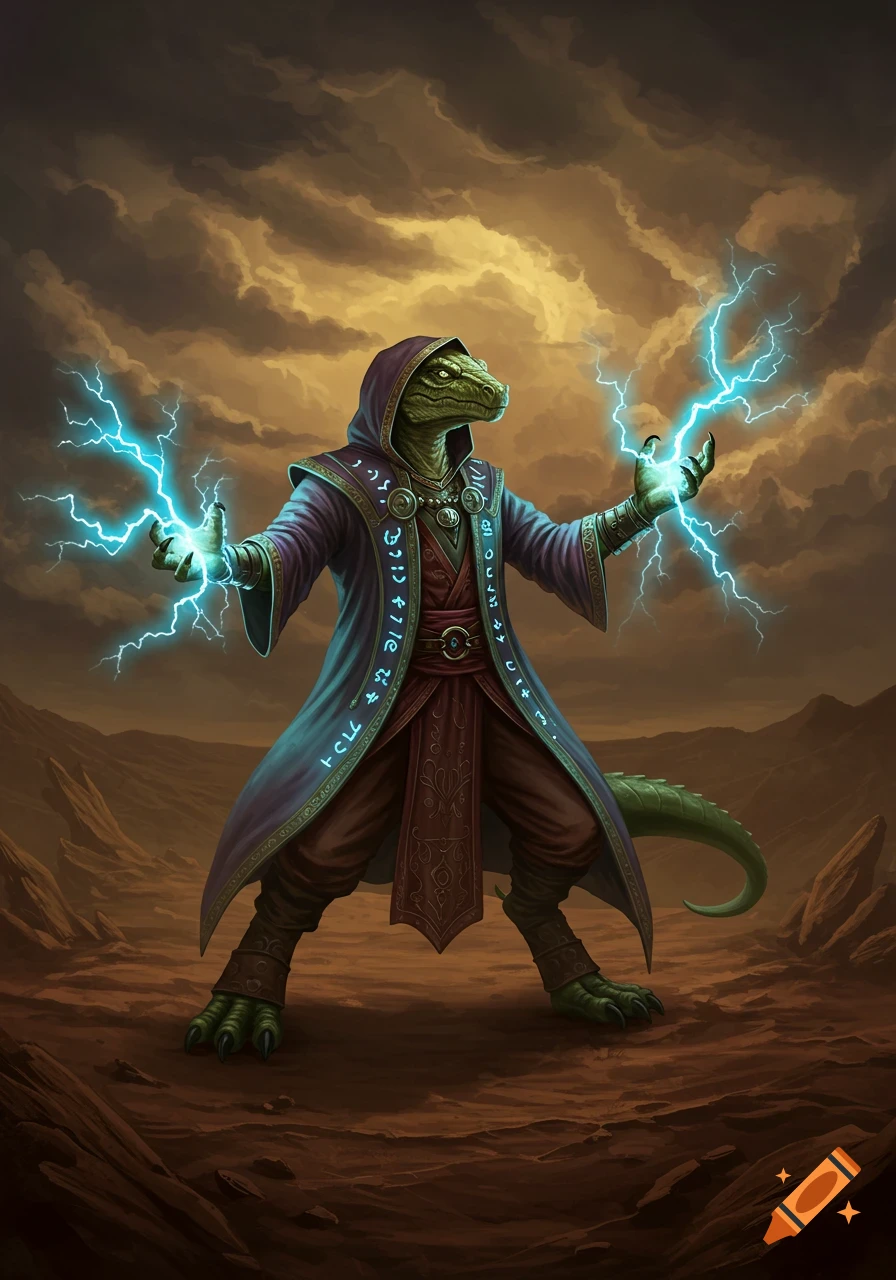 A greenskinned lizardman wizard in a hooded robe casts lightning spells in a desert landscape.