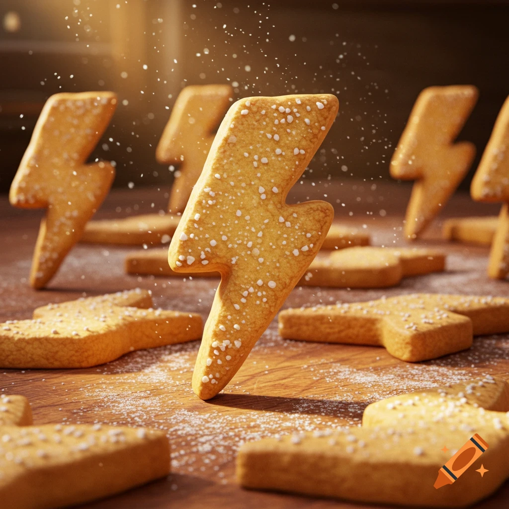 Photorealistic image of many lightning bolt shaped biscuits covered in sprinkles on a wooden table.