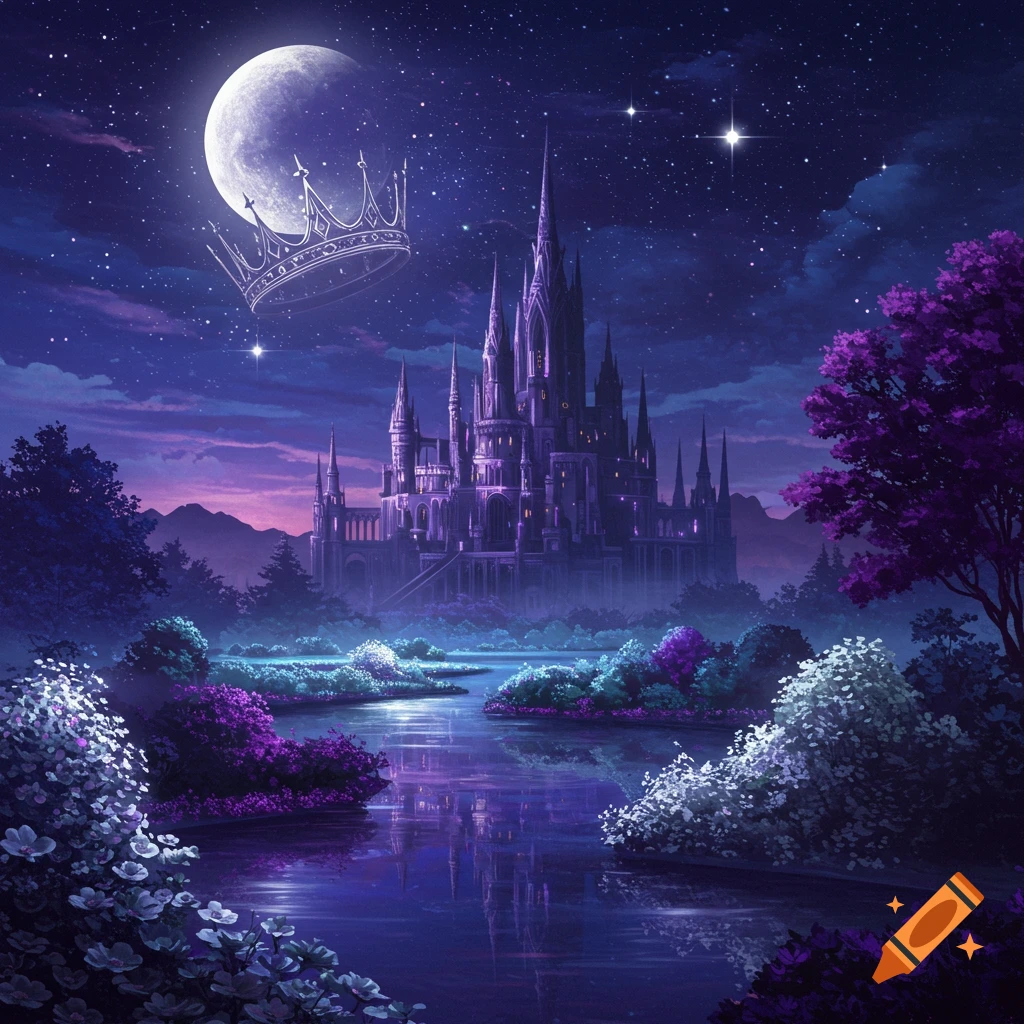 Grand purple castle at night under a full moon with a floating crown, surrounded by glowing trees and a reflective lake.