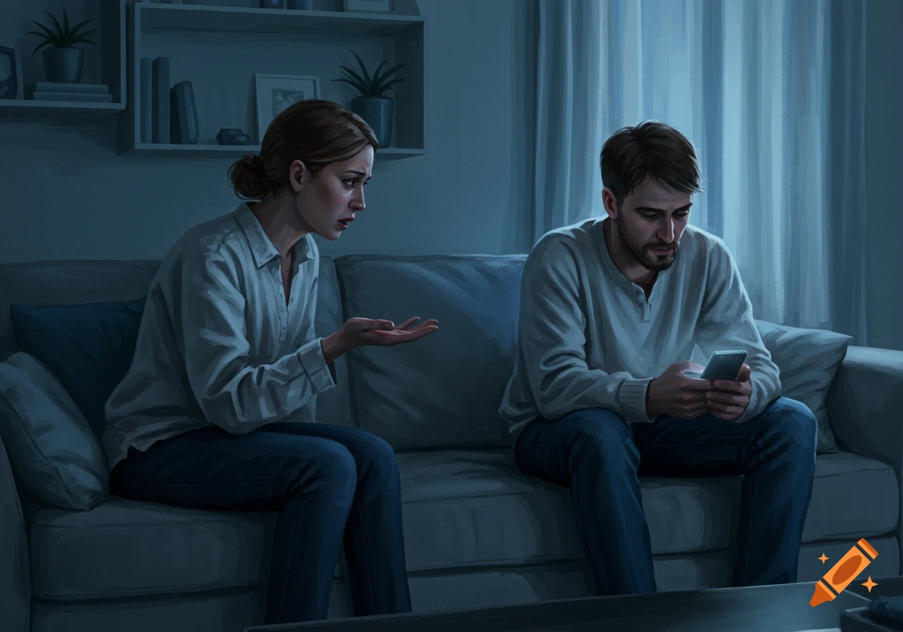 Digital painting of a distressed woman trying to talk to a man on a sofa engrossed in his phone, conveying emotional distance.