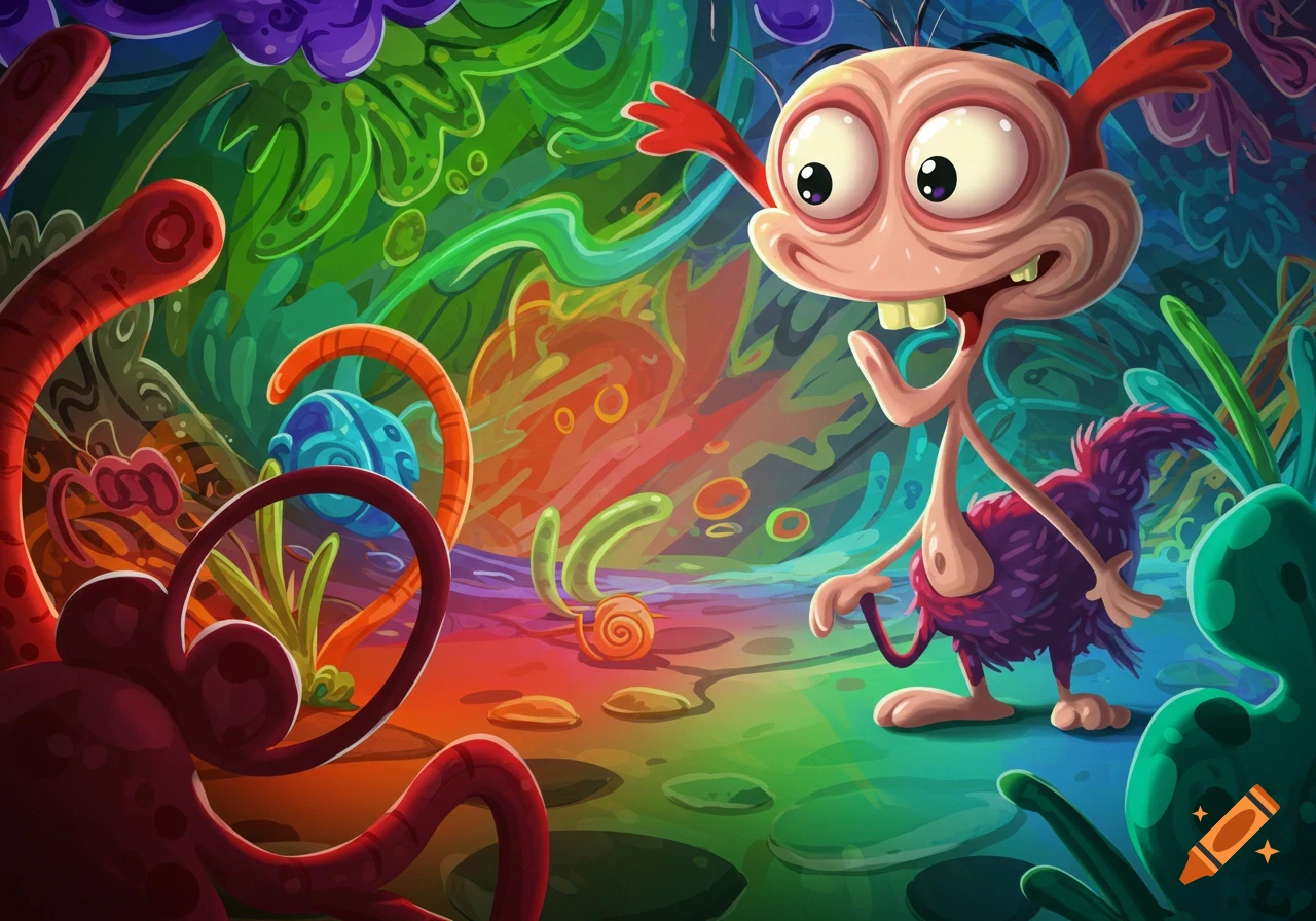 A colorful, cartoonish, wide-eyed monster with a big smile in a vibrant, fantastical jungle environment in the style of Klasky Csupo.