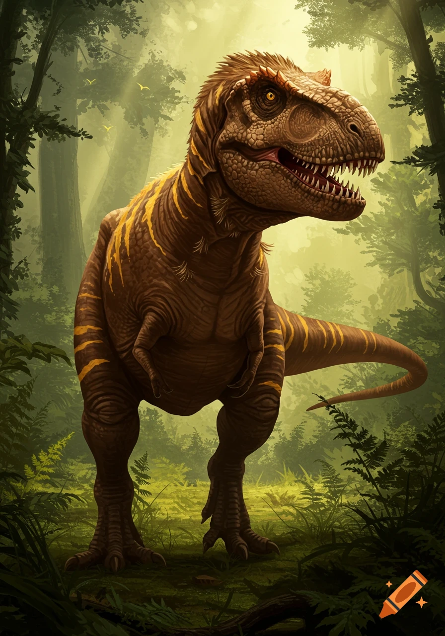 A realistic brown T-Rex with yellow stripes and small feathers stands in a lush jungle.
