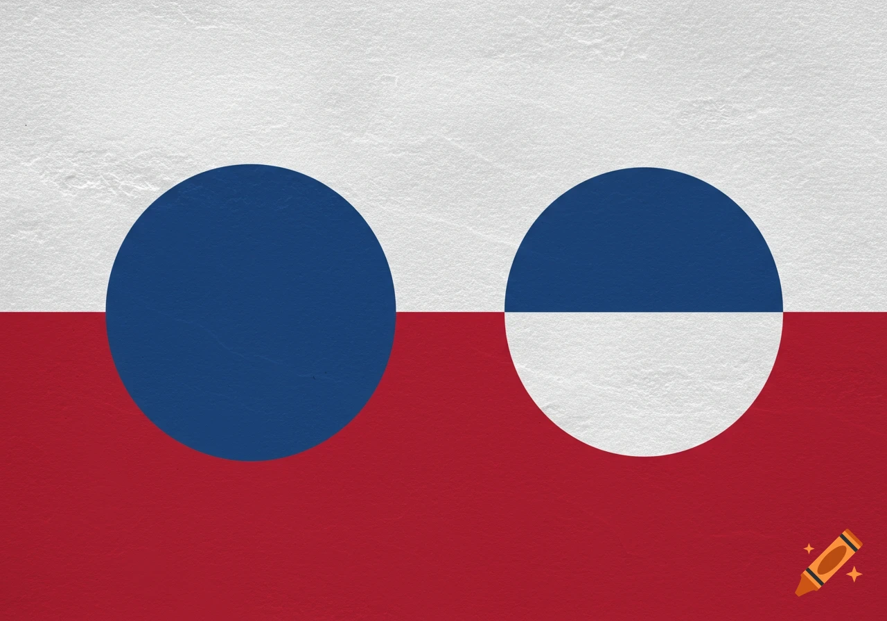 An abstract flag design with a white top half and a red bottom half. Two large circles are centered on the horizontal division. The left circle is solid blue. The right circle is split horizontally, with the top half blue and the bottom half white.